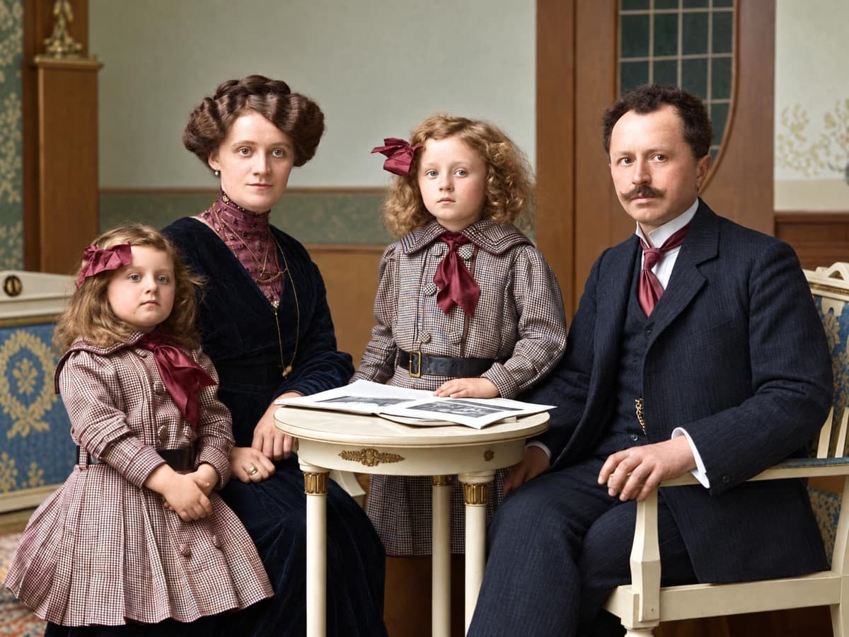 Familienfoto aus Chemnitz nach 1907, mit KI restauriert und koloriert: Mutter, Vater und zwei Töchter mit roten Schleifen an einem runden Tisch
